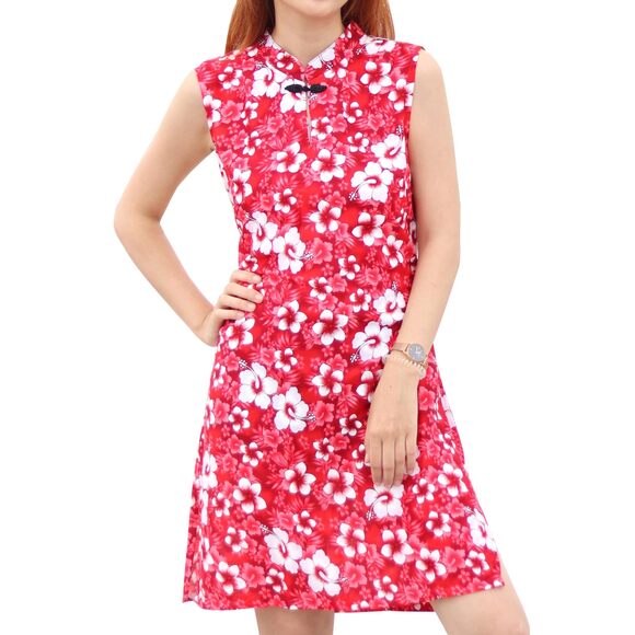 Dresses & Skirts - 7466 Dress Chinese with Eyelets Small Hibiscus Flowers in Lava Red sz XL